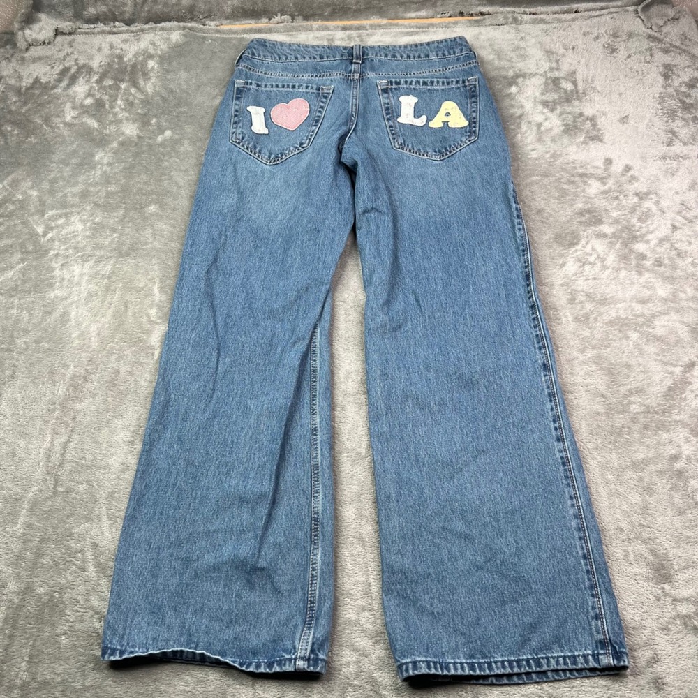Hollister Low-Rise Baggy Jeans Womens 2R W26 Blue I Heart LA Patch Wide Leg